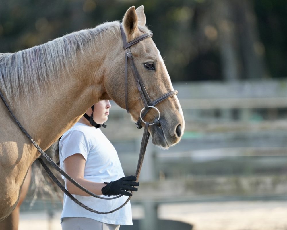 Young equestrian walking beside a palomino horse